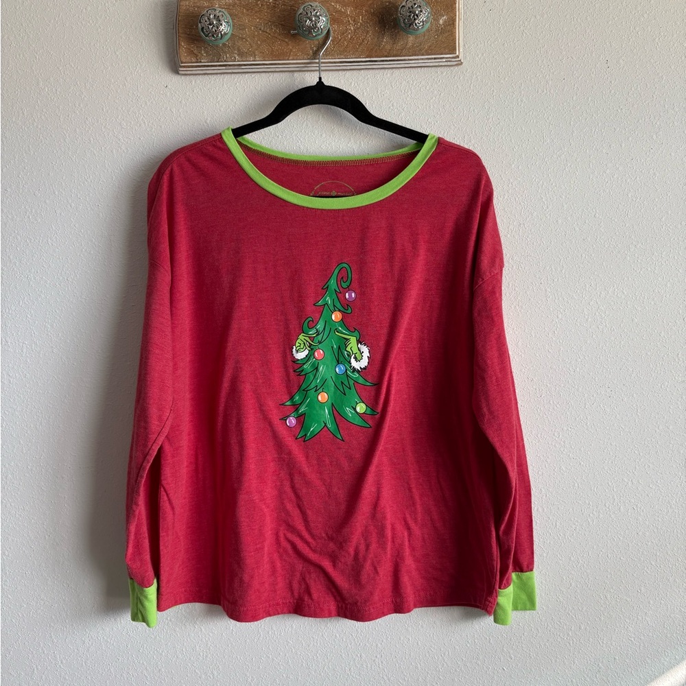 Festive Red Long Sleeve Tee with Christmas Tree Design